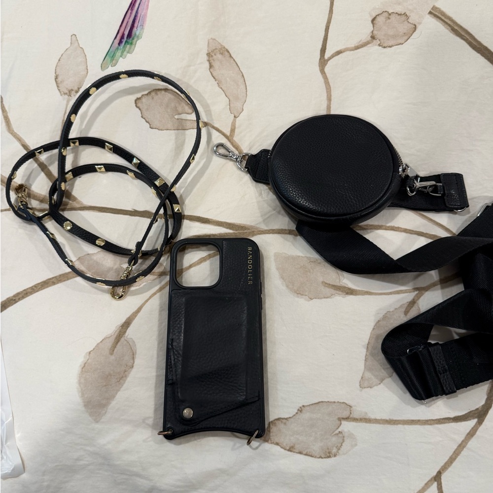 Bandolier Black Leather Crossbody Phone Case and Pouch and airpod case